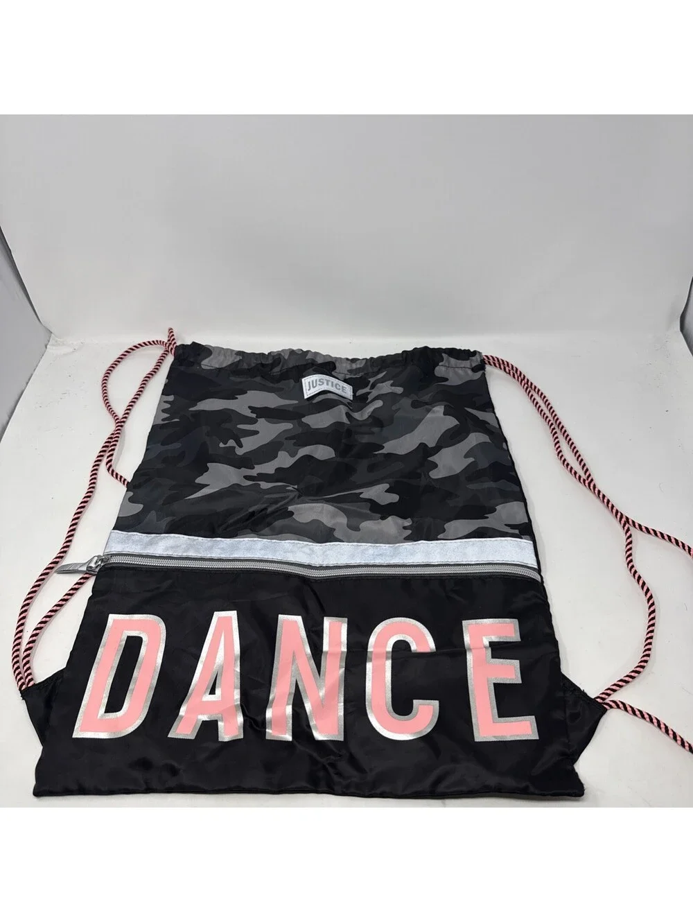 Justice Camo DANCE Drawstring Backpack Bag Large Zip Pocket Tote 14